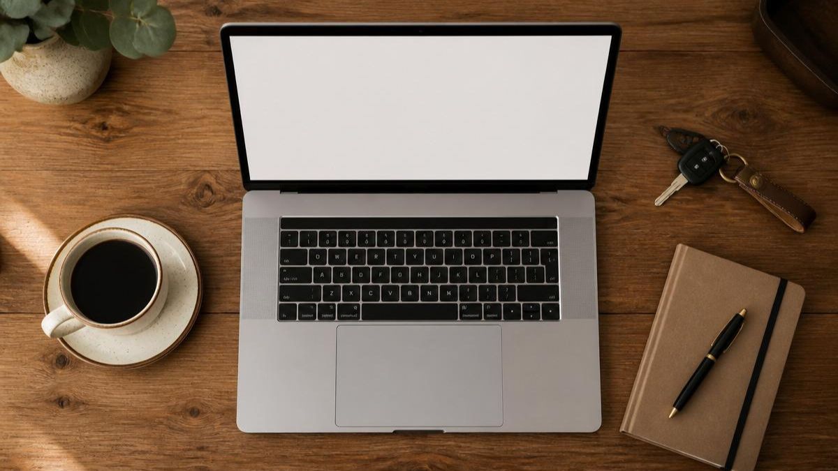 Laptop, coffee, notebook, and car key on a desk, representing researching Subaru Outback fuel economy and specs before buying