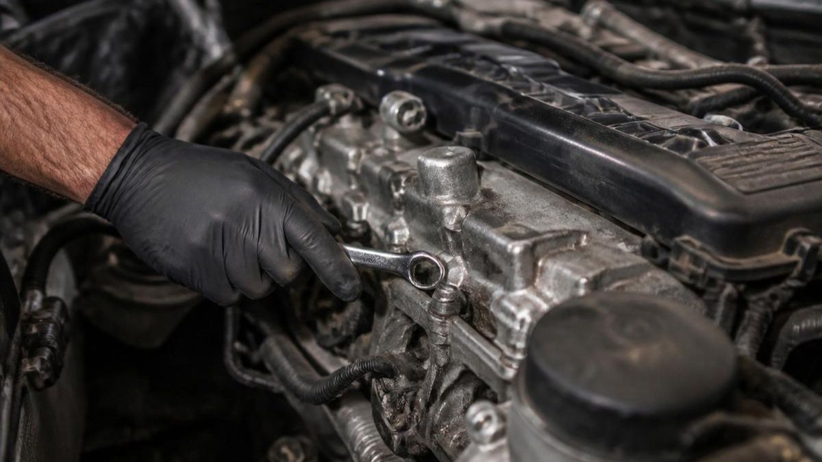 Mechanic's gloved hand using a wrench on an engine bay component, representing ongoing maintenance across Outback trims