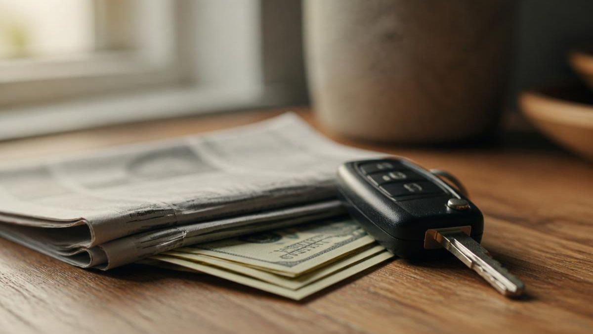 Folded cash and a car key resting on a wooden table, representing negotiating a fair price for a used Subaru Outback