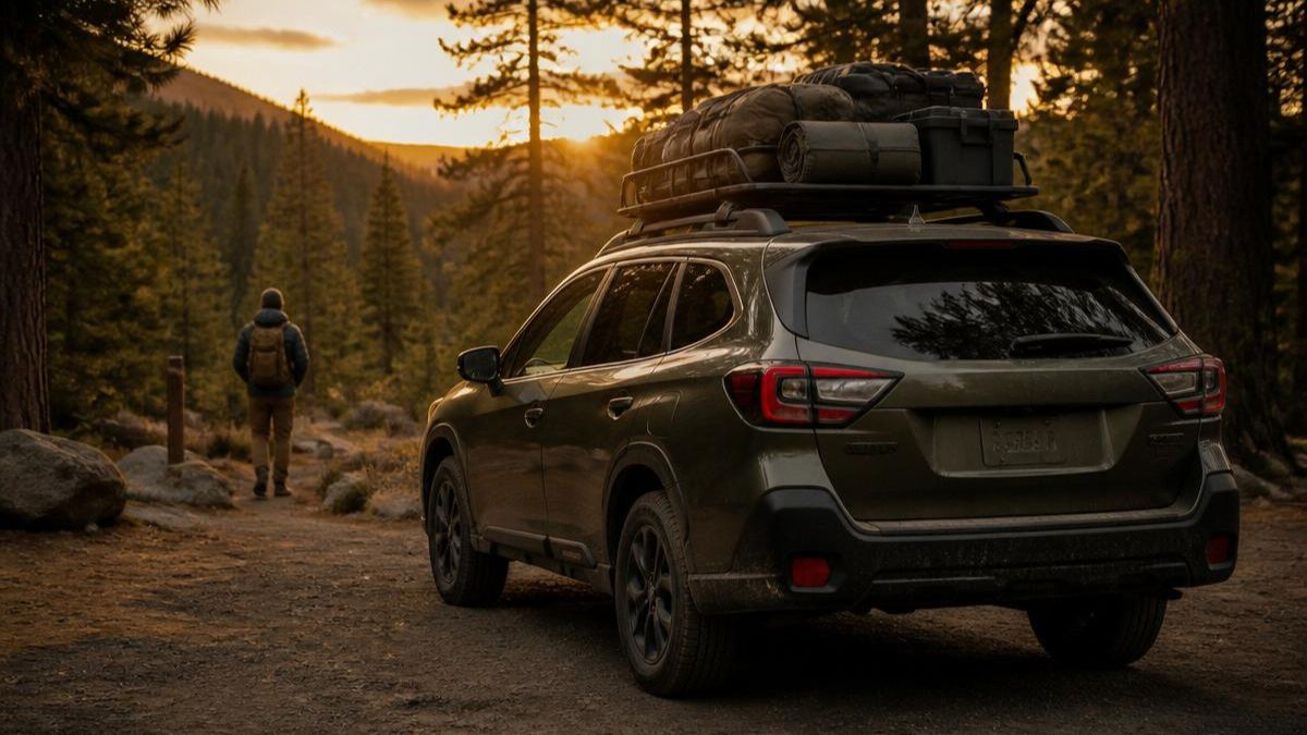 Subaru Outback loaded with camping gear on a roof rack, parked in a forest at sunset with a hiker walking nearby