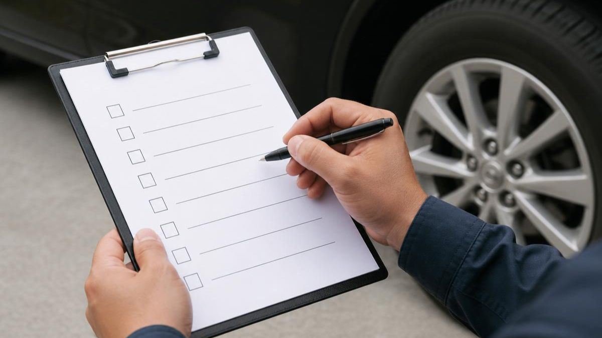 Hand holding a pen filling out a blank inspection checklist on a clipboard next to a car wheel