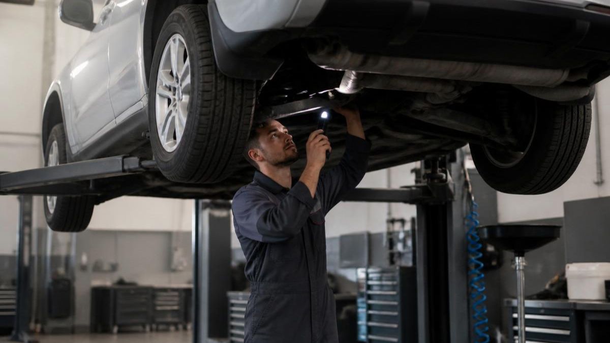 Mechanic using a flashlight to inspect the undercarriage of a car on a lift during a pre-purchase inspection