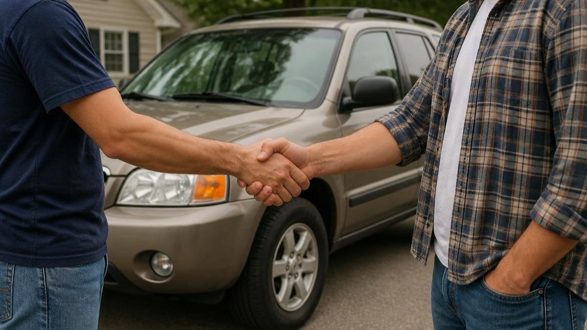 Two people shaking hands in front of a used SUV, representing a private-party car sale agreement