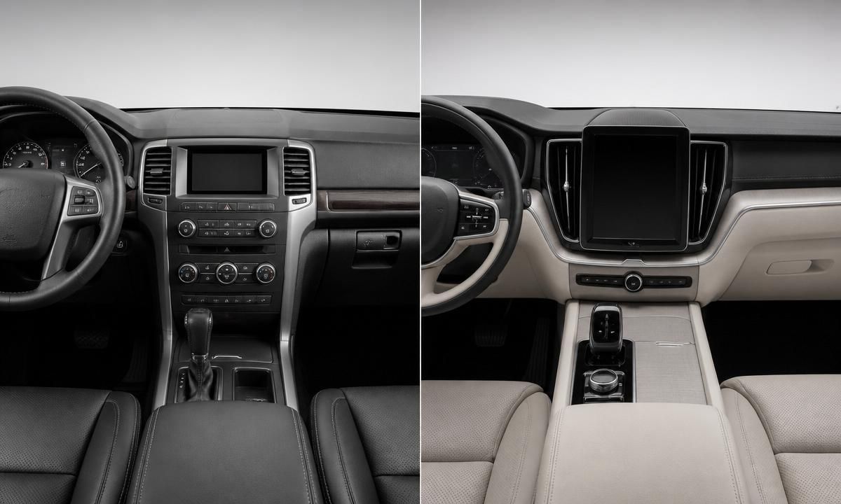 Split comparison of an older-style dashboard against the redesigned 2026 Outback dashboard