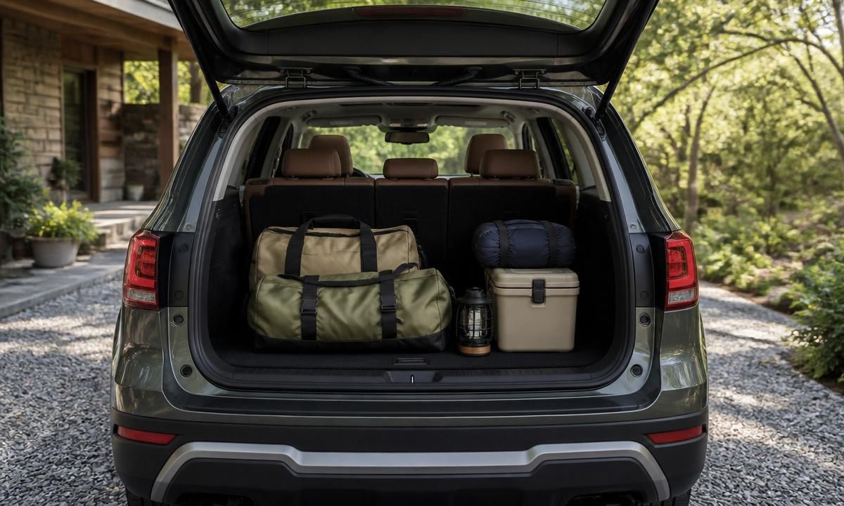 Open cargo area of the 2026 Outback loaded with duffel bags, a cooler, and camping gear
