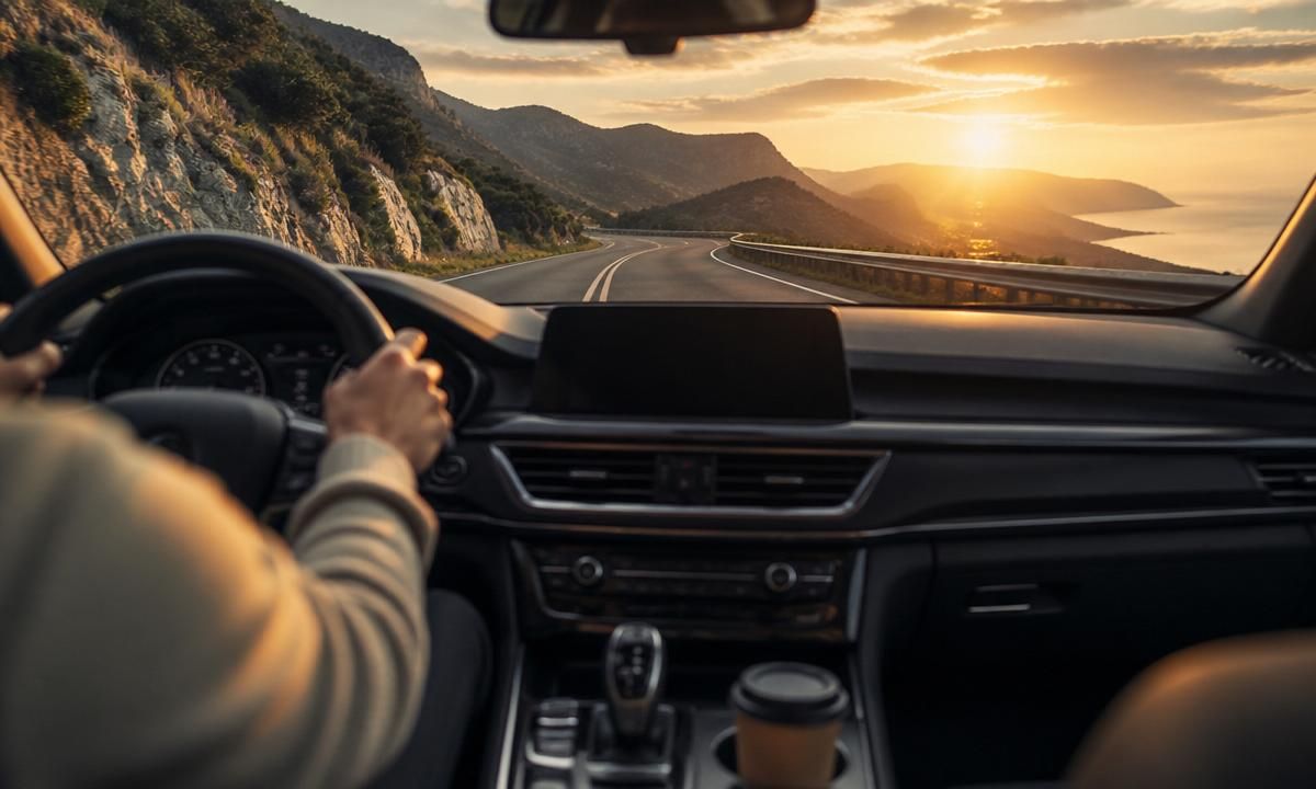 Driver's-eye view of the 2026 Outback dashboard on a winding coastal road at sunset