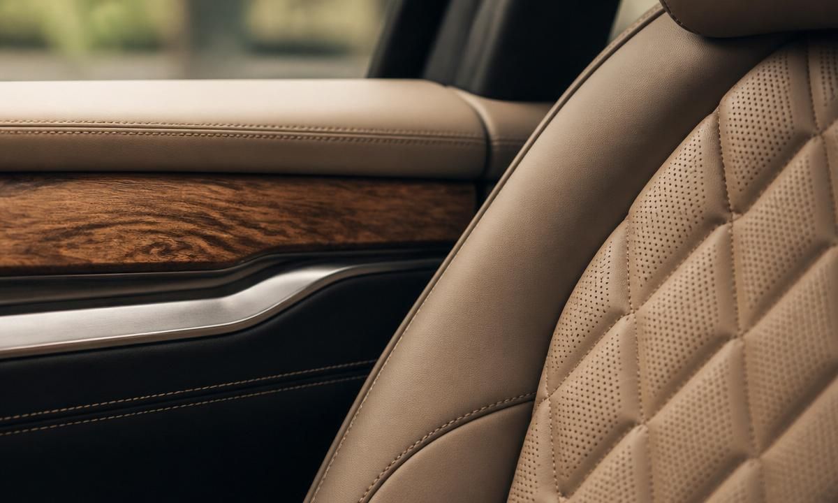 Close-up of leather, fabric, and wood-trim material samples used in the 2026 Outback cabin