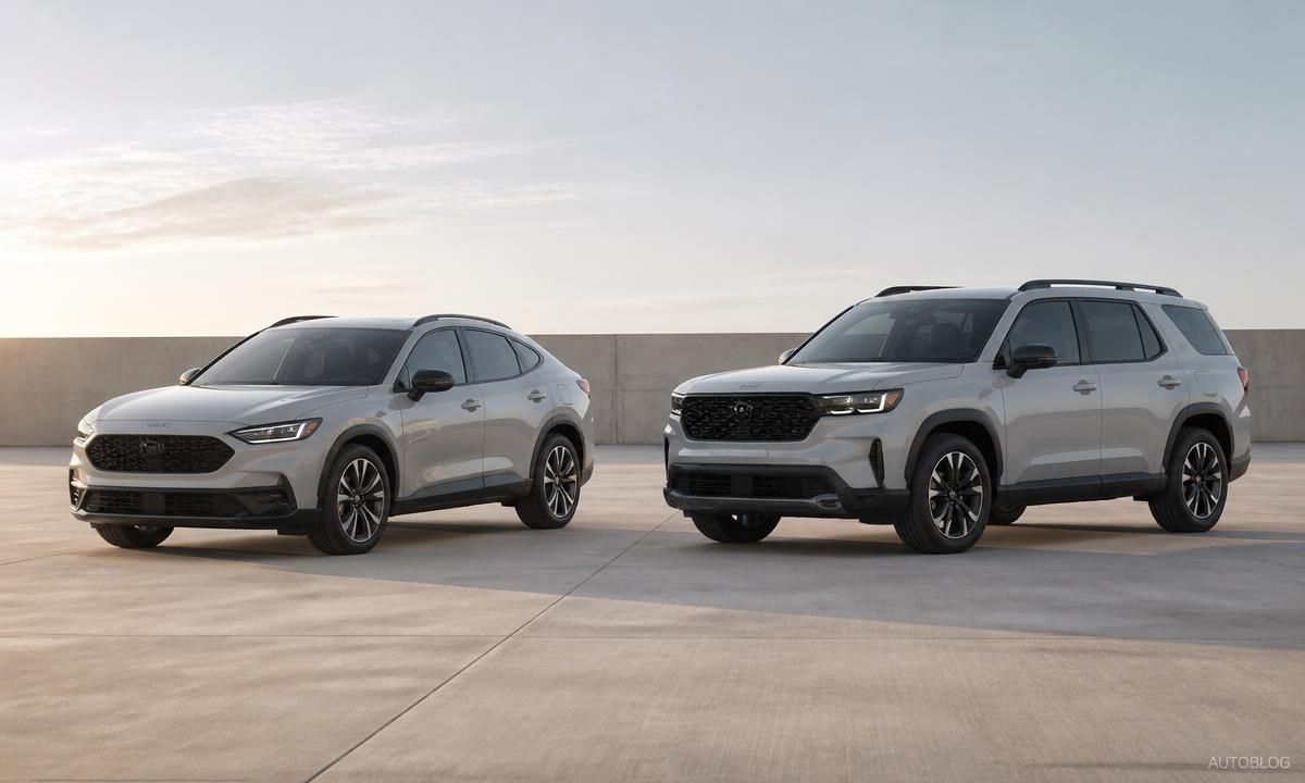 The 2026 Subaru Outback shown beside its 2025 predecessor, contrasting the boxier new body with the older wagon shape
