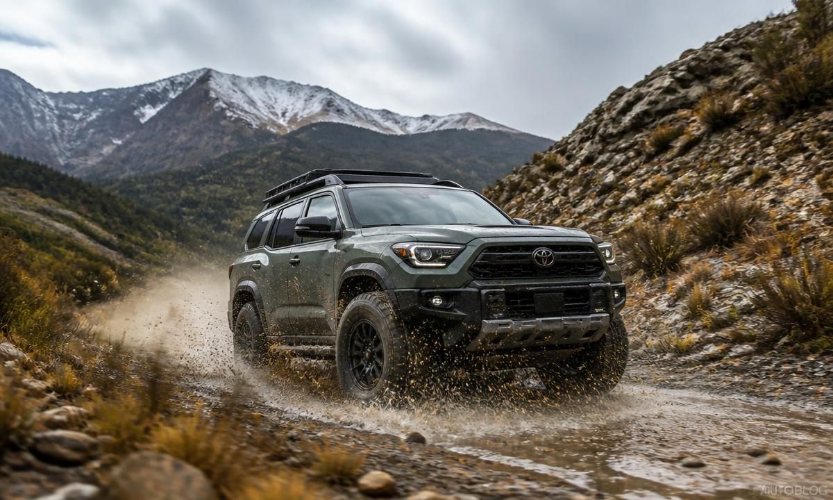 2026 Subaru Outback climbing a wet, rocky mountain trail with all-terrain tires throwing up water and dirt