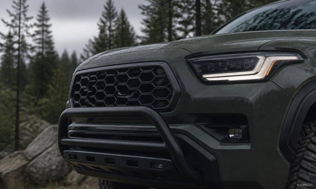 Close-up of the 2026 Subaru Outback Wilderness hexagonal grille, composite brush guard, and high-mounted LED headlights