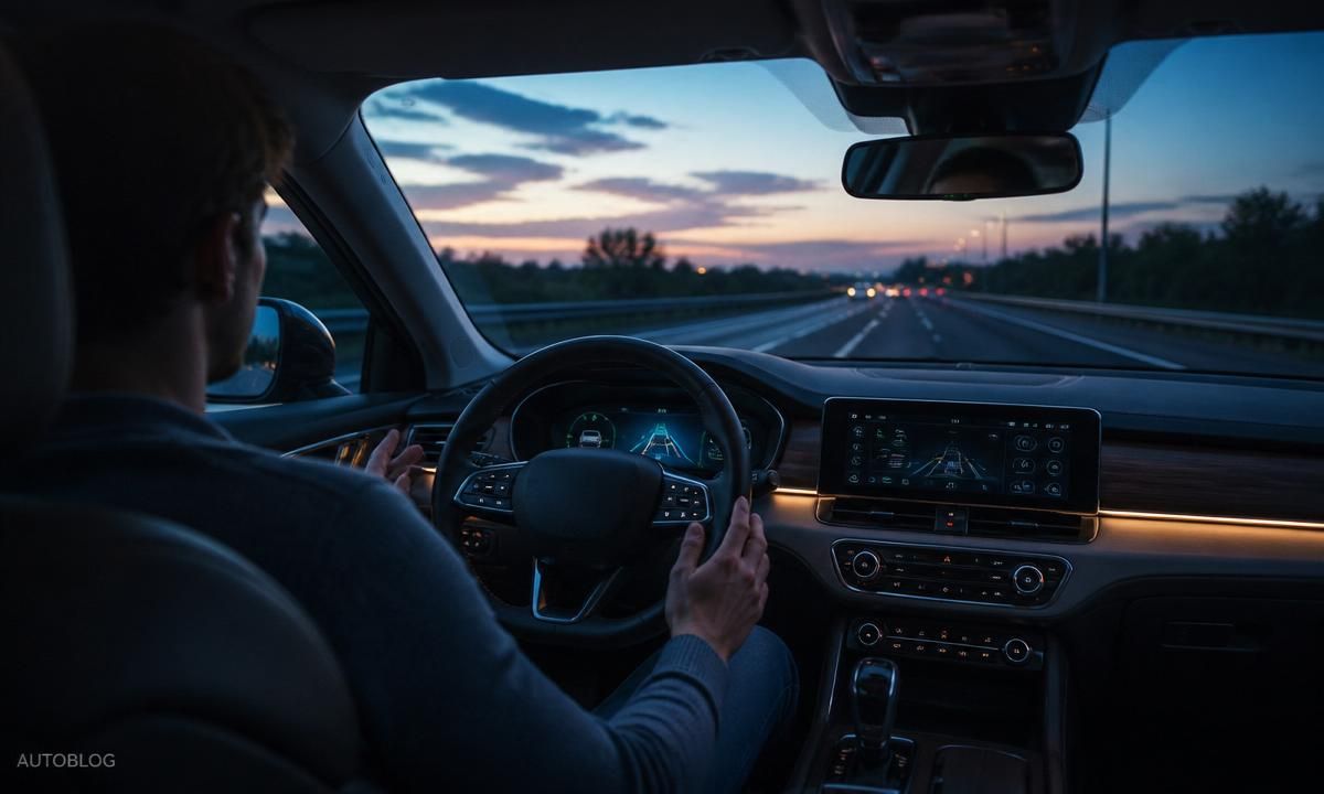 Driver's hands resting near the wheel of a 2026 Subaru Outback using hands-free highway assist at dusk on an open freeway