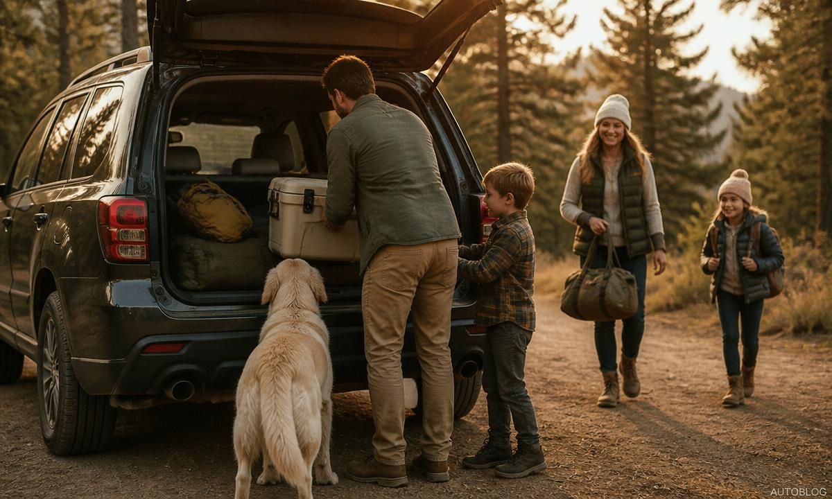 A family loading camping gear and a cooler into the open tailgate of a 2026 Subaru Outback, dog waiting nearby in the forest