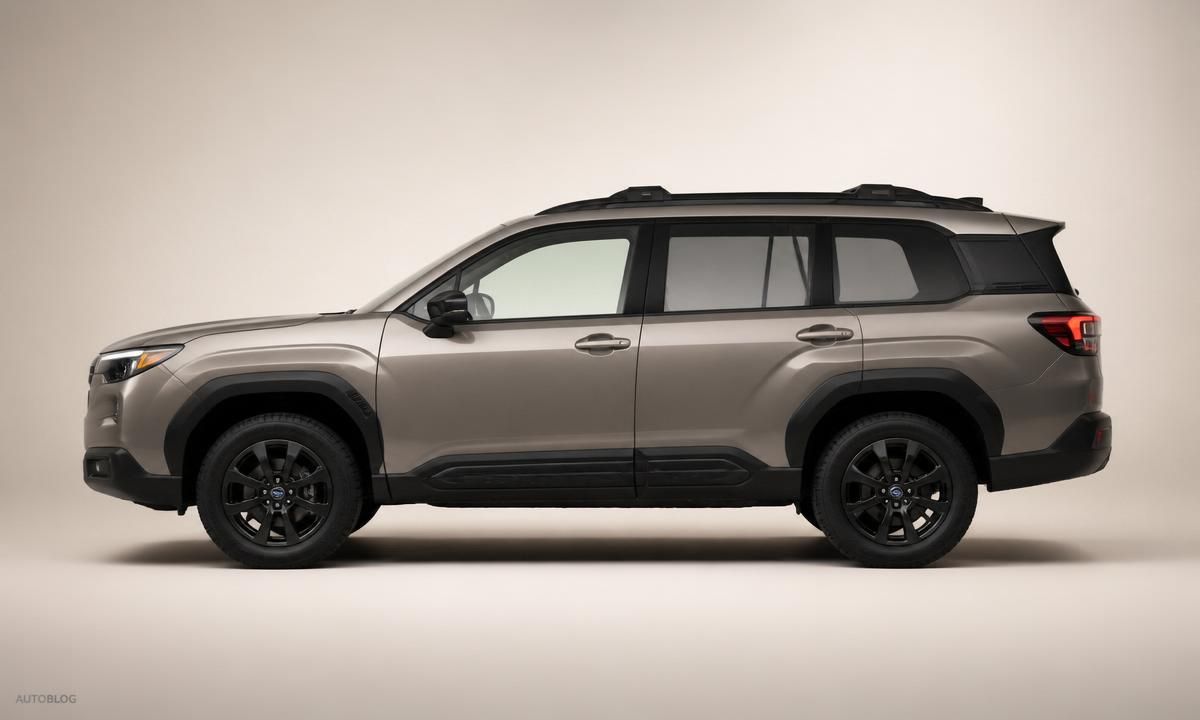 Side profile of the 2026 Subaru Outback showing the taller roofline, boxier proportions, and blacked-out wheel arches