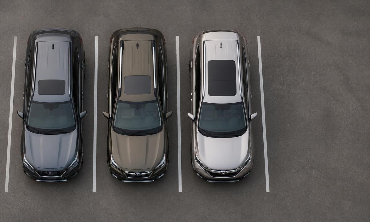 2026 Outback parked alongside rival SUVs, aerial view