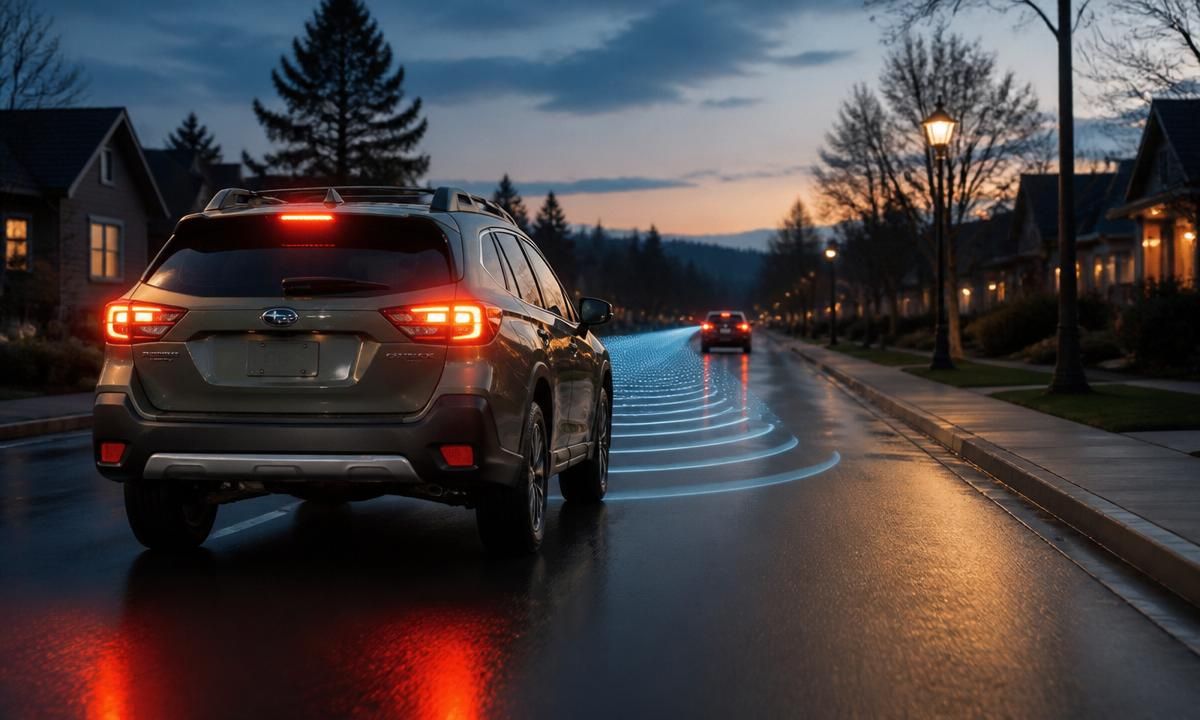 2026 Outback driving at night with driver-assist sensor visualization