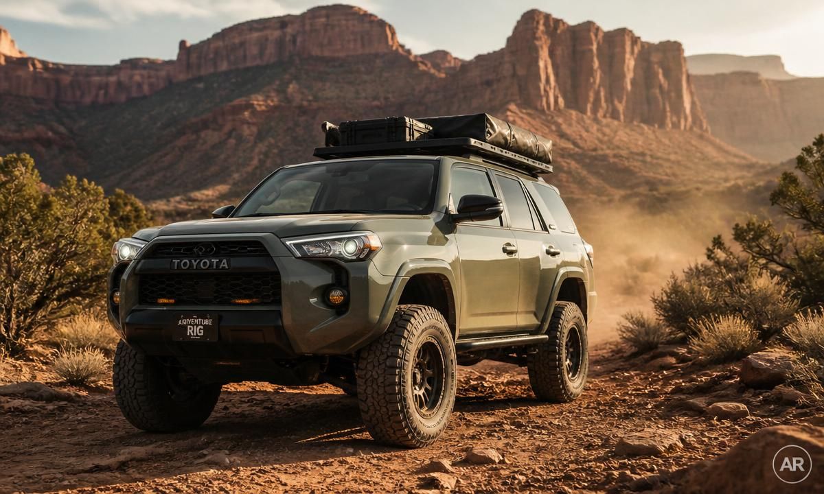 Rugged midsize off-road SUV parked on a desert trail with a roof rack, representing the Outback's rivals