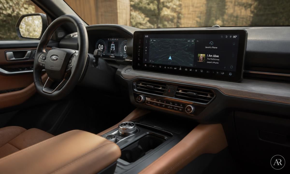 Modern SUV cabin featuring a wide horizontal touchscreen, digital instrument cluster and tan leather upholstery
