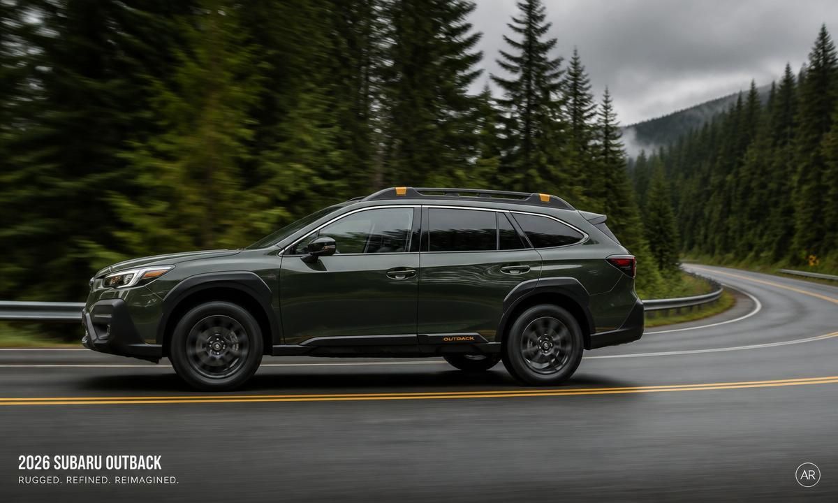 2026 Subaru Outback in motion on a wet forest road, side profile showing the taller, boxier stance