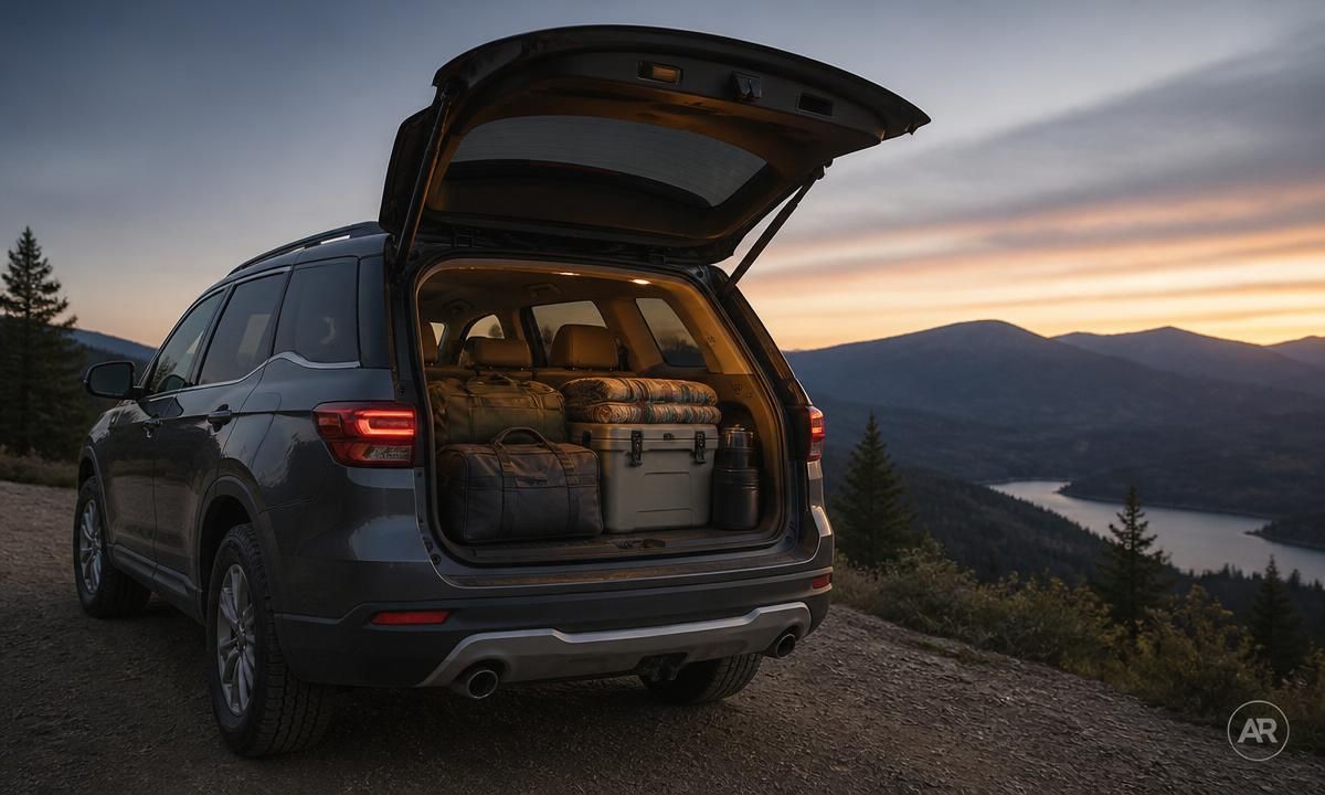 2026 Subaru Outback with the tailgate open and cargo area packed with adventure gear at dusk on a mountain overlook