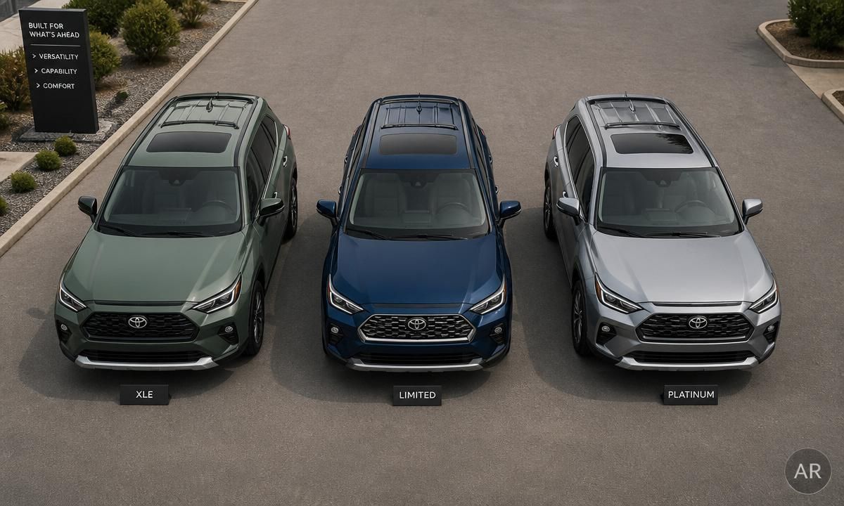 Three 2026 Subaru Outback trims parked side by side in an overhead lineup showing color and wheel differences