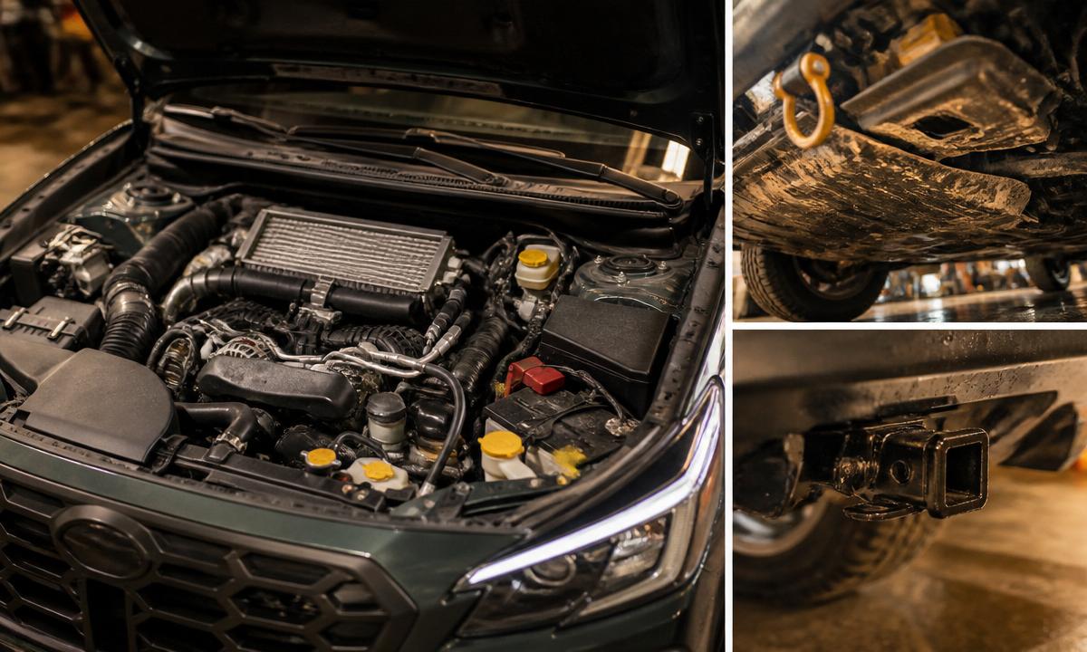 Close-up of the turbocharged BOXER engine bay, underbody skid plate, and rear tow hitch