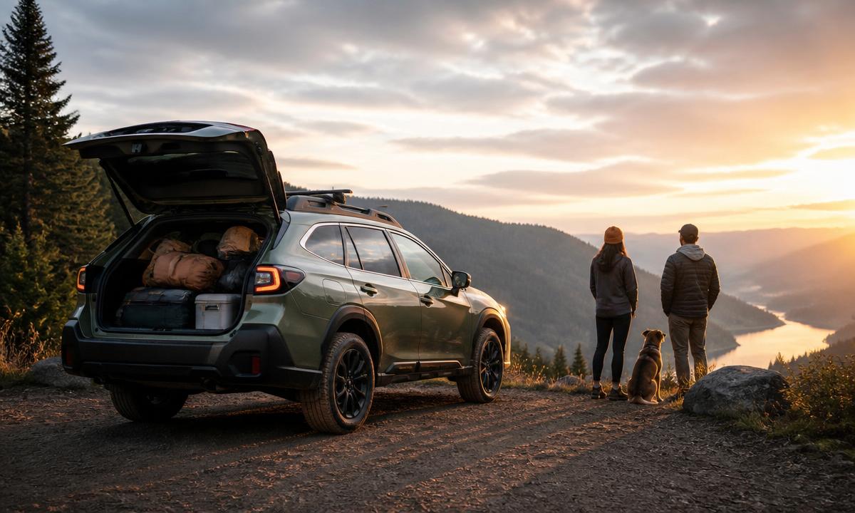 Flat-lay of Outback Wilderness accessories including floor mats, a roof rail, and a leather wallet