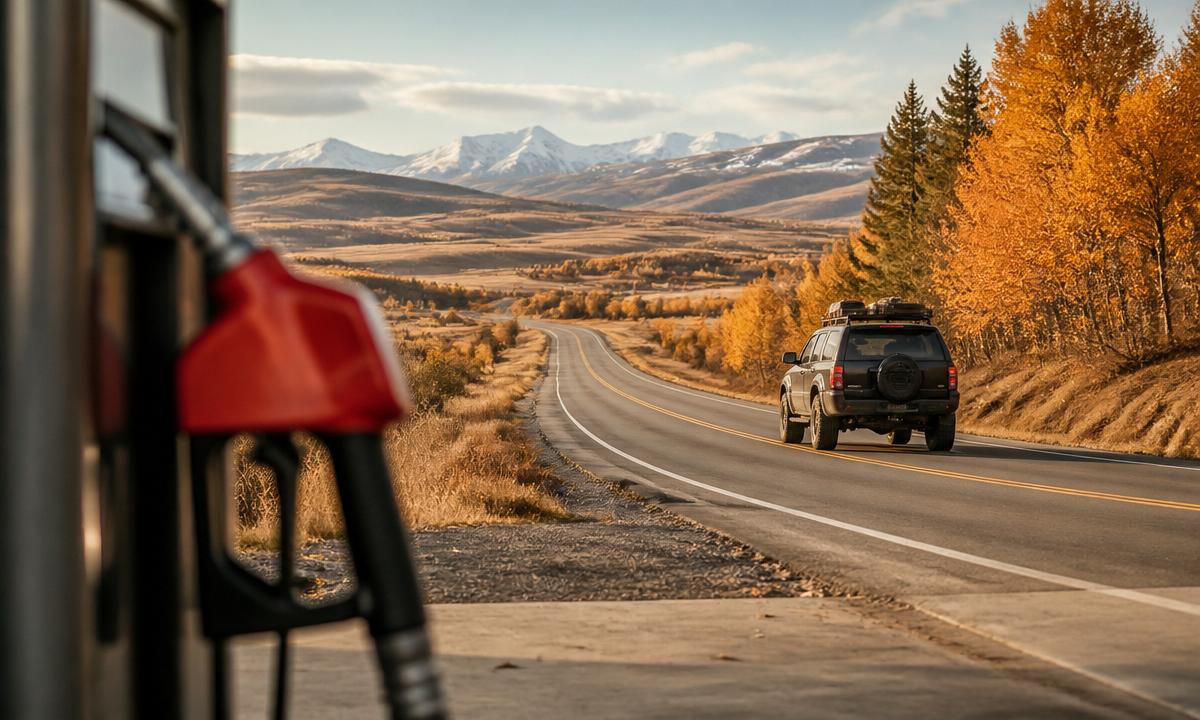 Subaru Outback Wilderness driving on a highway past a gas station fuel pump during golden hour