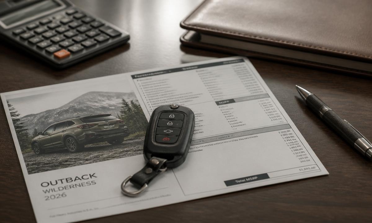 Subaru Outback Wilderness pricing sheet and key fob on a wooden desk with a calculator