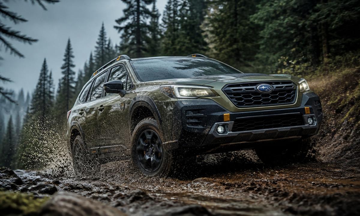 2026 Subaru Outback Wilderness parked beside a lake at dusk with its tailgate open