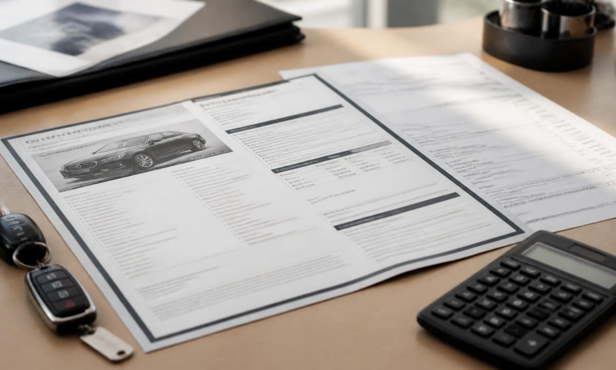 Window sticker and dealer paperwork on a desk beside car keys and a calculator
