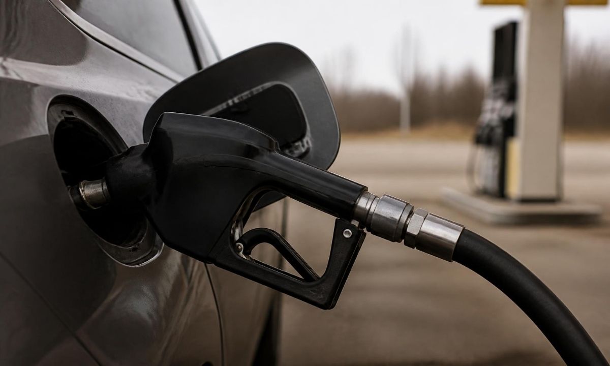 Fuel nozzle inserted into a car's filler neck at a gas station