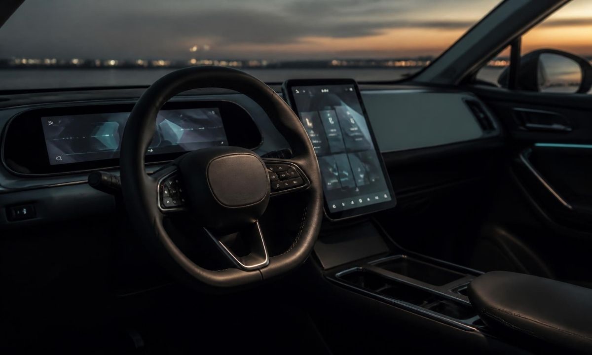 Interior of a 2026 Subaru Outback showing the 12.1-inch touchscreen and digital instrument cluster at dusk
