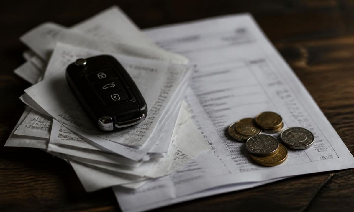 Car key resting on a stack of receipts and finance paperwork with loose coins