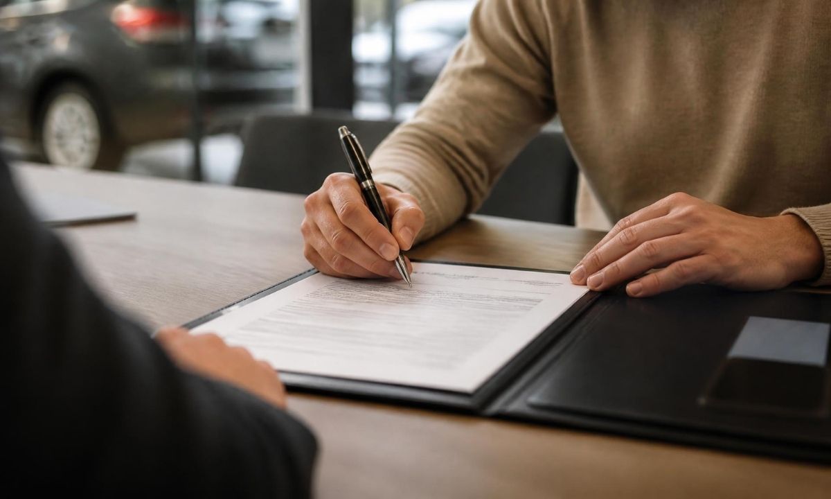 Buyer signing a vehicle purchase agreement at a dealership desk