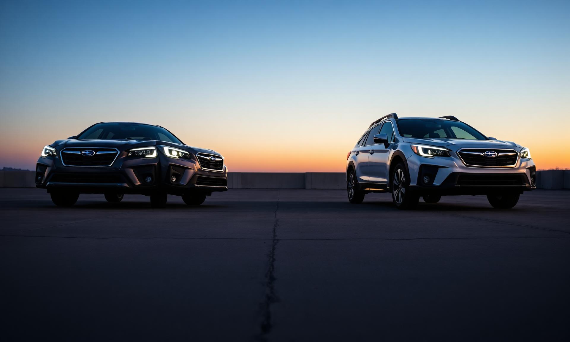 Two Subaru Outback generations parked facing each other on open pavement at dusk, headlights lit