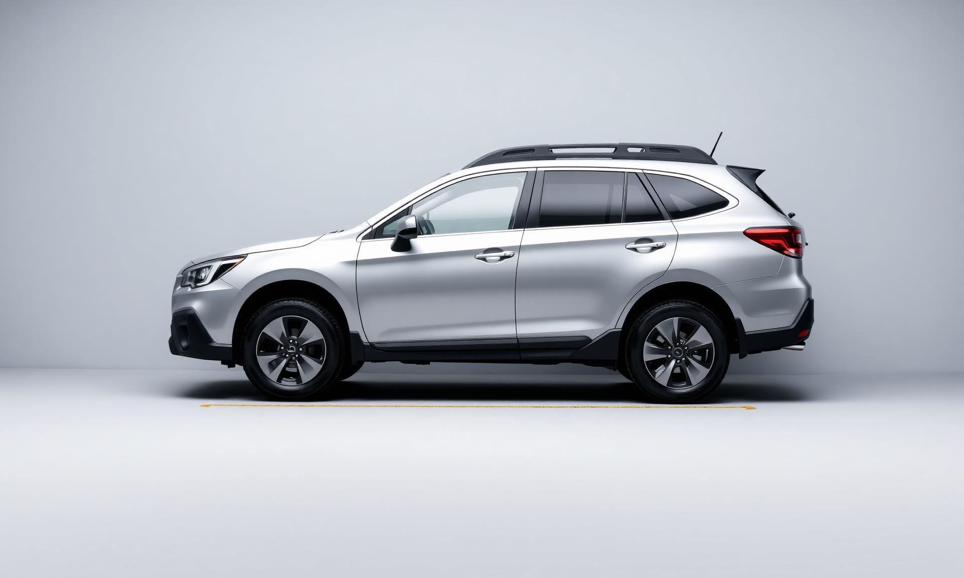 Silver 2026 Subaru Outback photographed in profile against a plain studio background, showing its full exterior proportions