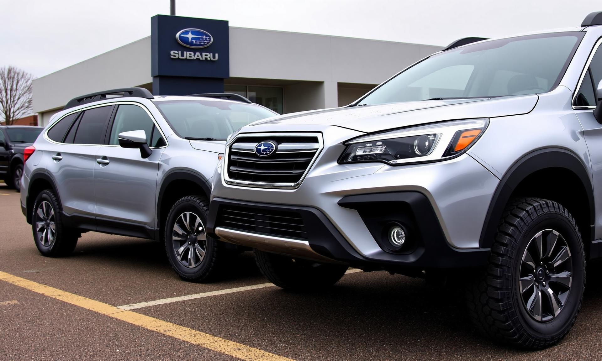 Two silver Subaru models parked side by side on a dealership lot beneath a Subaru sign, compared for trim differences