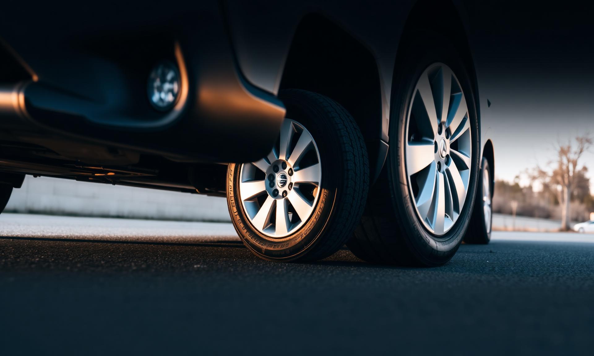Low-angle view of a Subaru Outback's wheels and lower bodywork on asphalt at dusk, emphasising the car's length