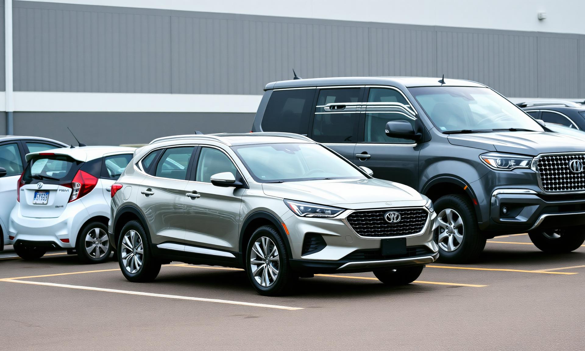 A midsize crossover parked between a small hatchback and a full-size SUV in a lot, showing its relative scale