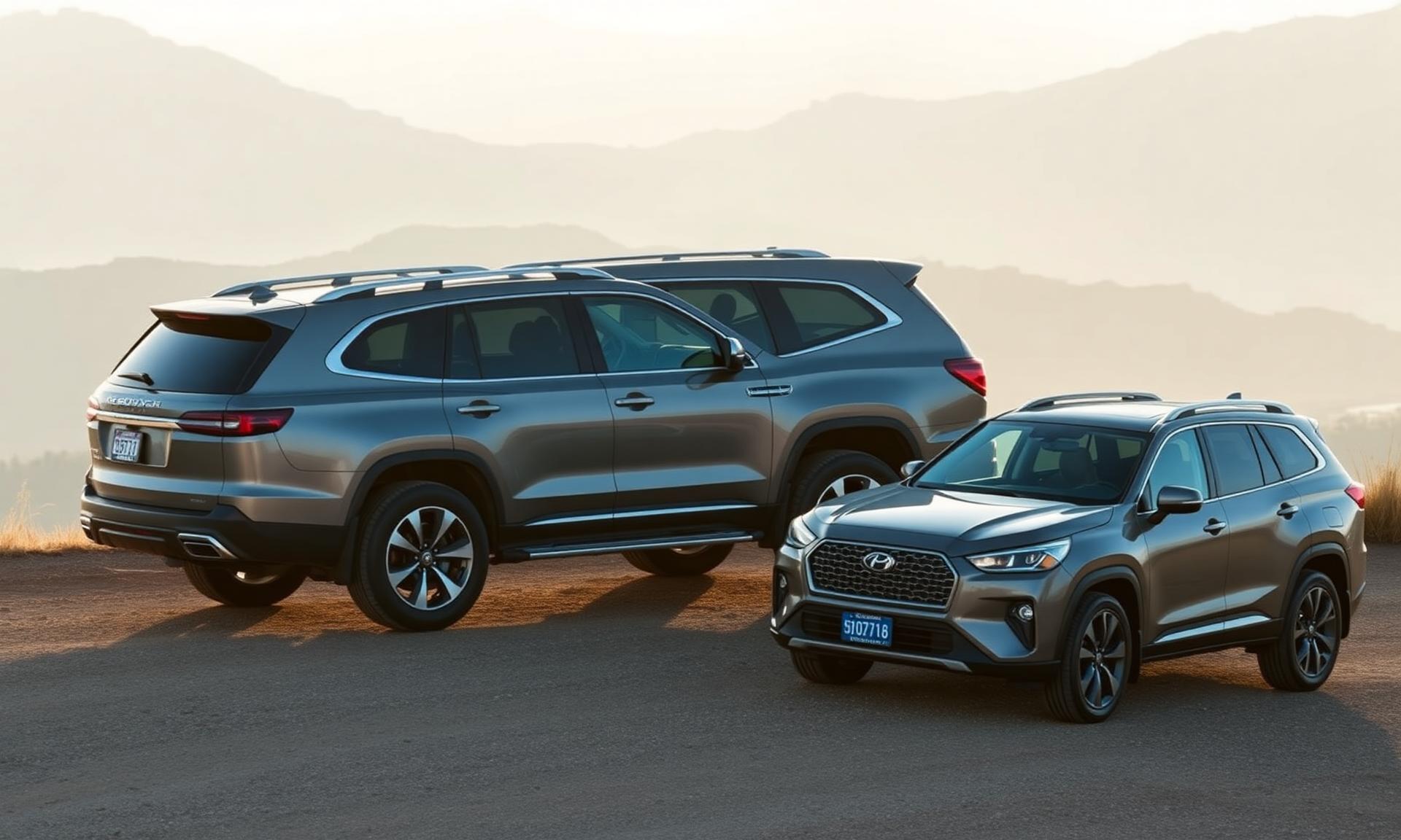 A large three-row SUV parked beside a smaller crossover on a gravel overlook, showing the size gap between them