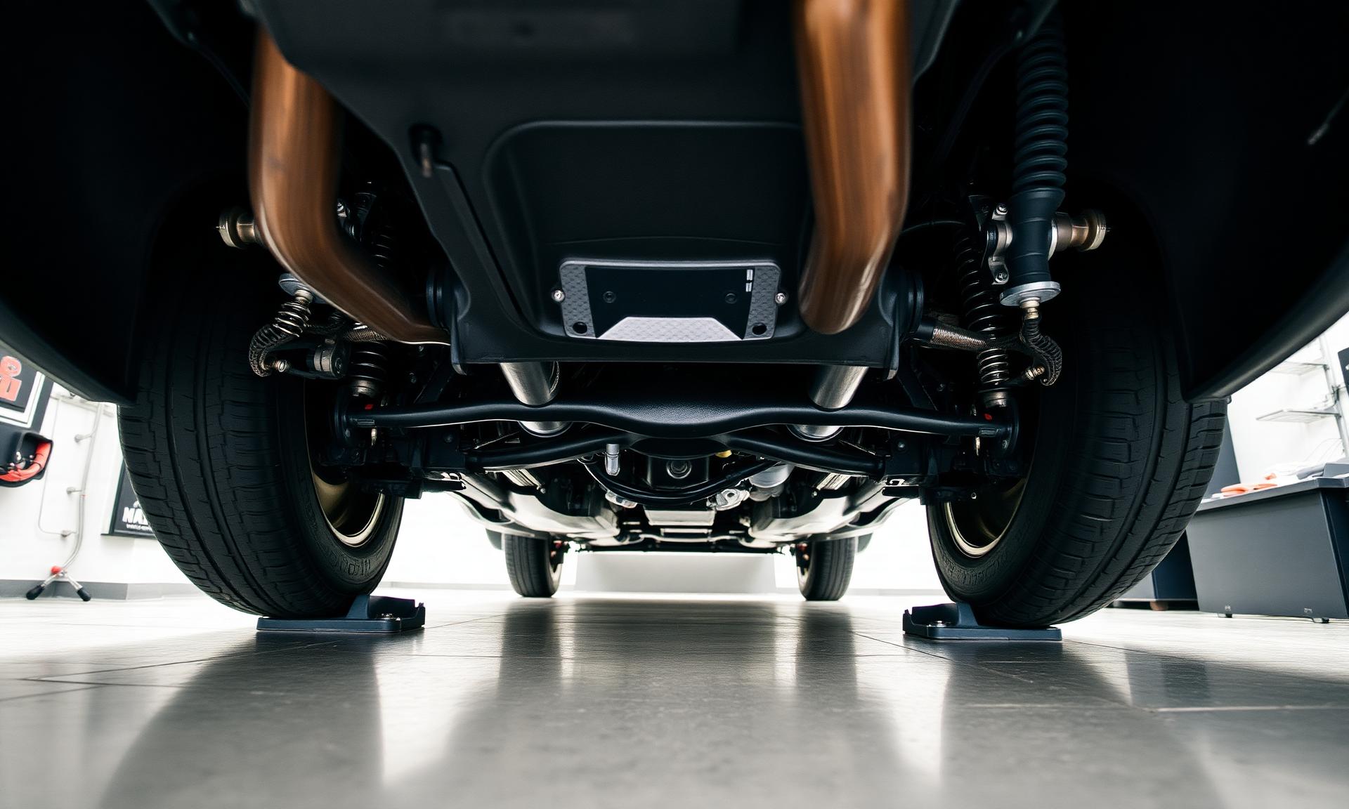 Underside view of a Subaru showing suspension components and the span between front and rear axles