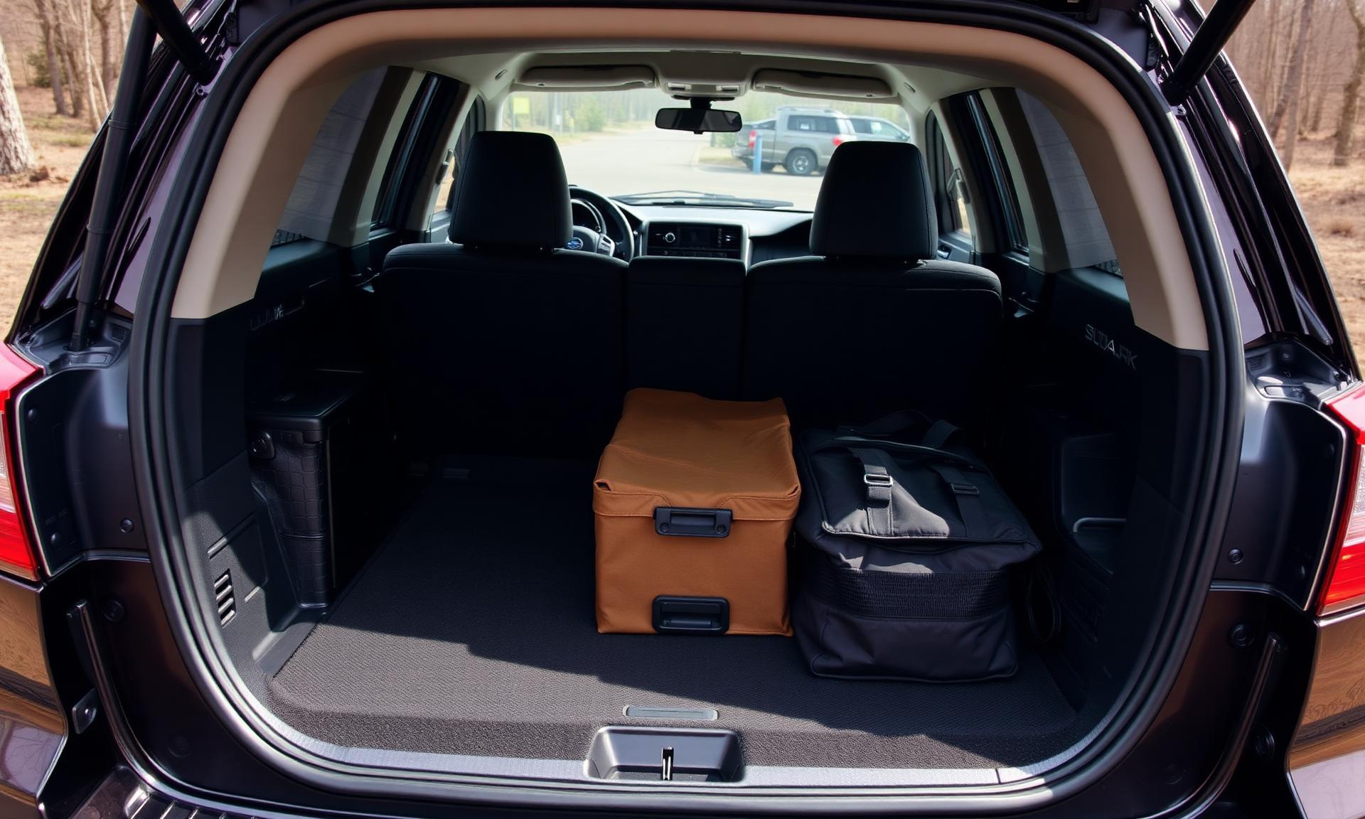 Open rear cargo area of a Subaru Outback with the seats up and a duffel and case loaded inside