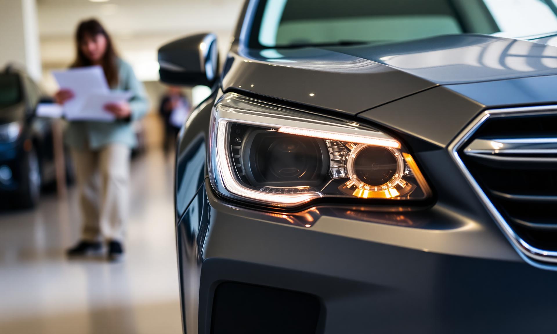 Close-up of a Subaru headlight and grille inside a showroom, with a shopper reading a spec sheet in the background