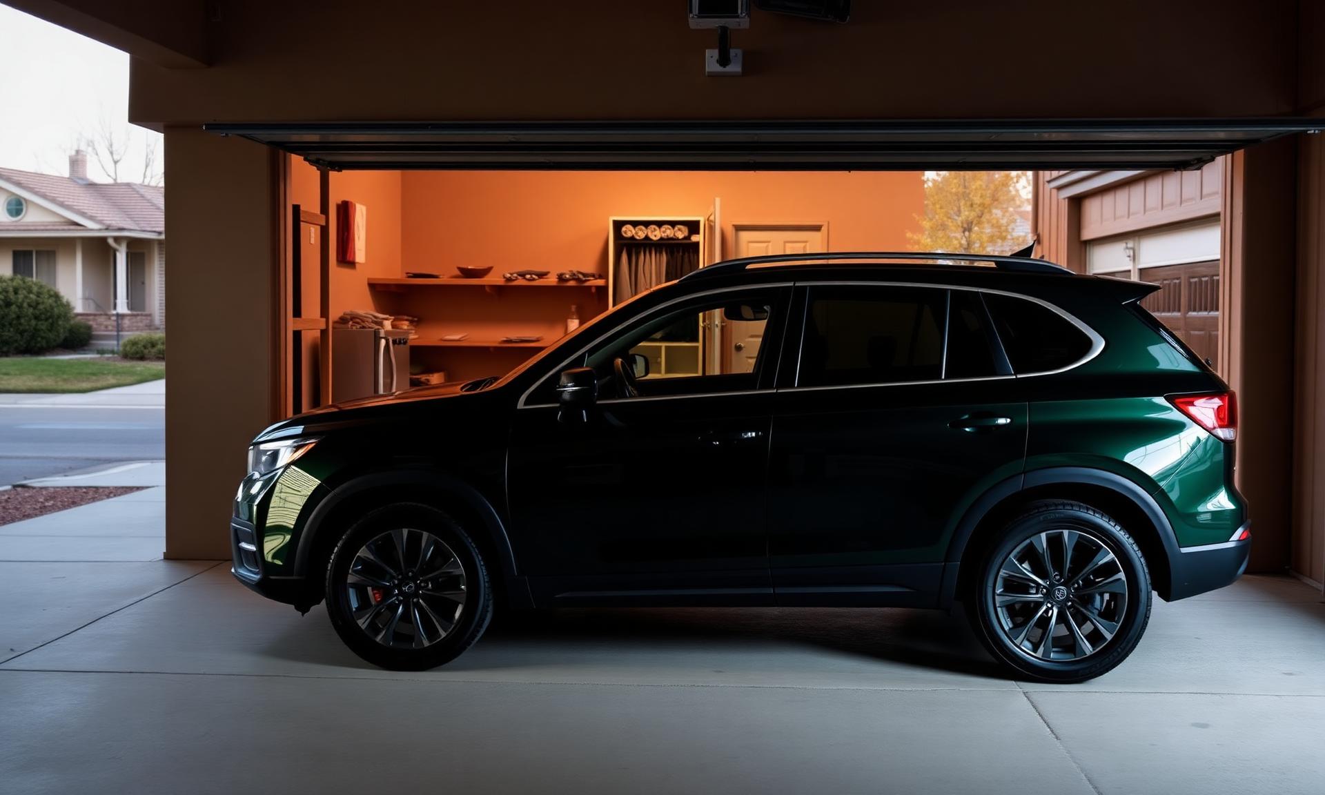 Dark green Subaru Outback parked inside an open residential garage, seen from the driveway