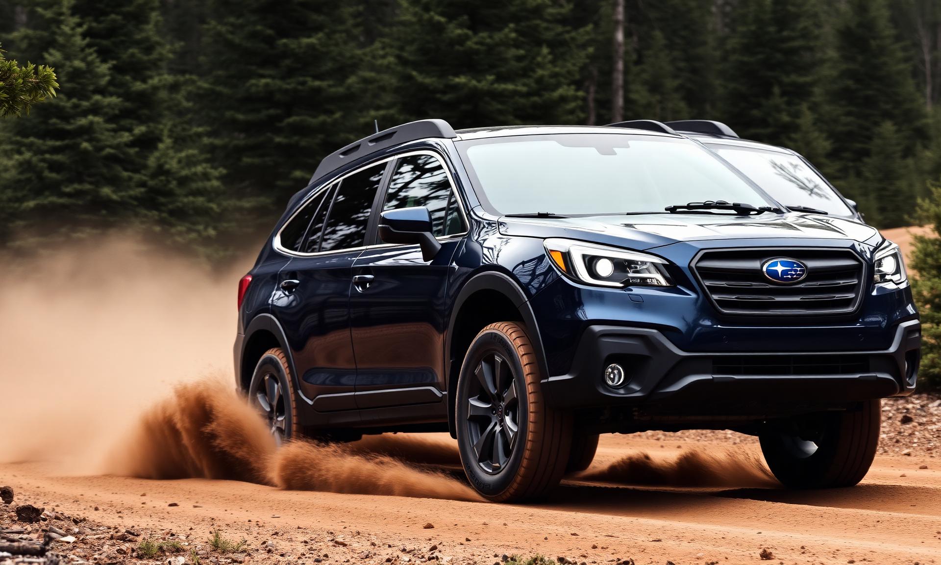 Dark blue Subaru Outback driving on a dirt forest road, kicking up dust and showing its ride height