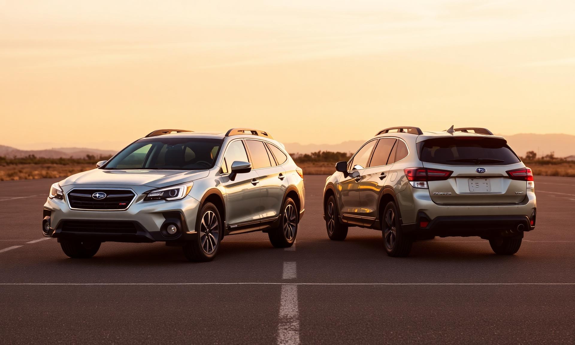 Two Subaru wagons photographed front and rear on open ground at sunset for a size comparison