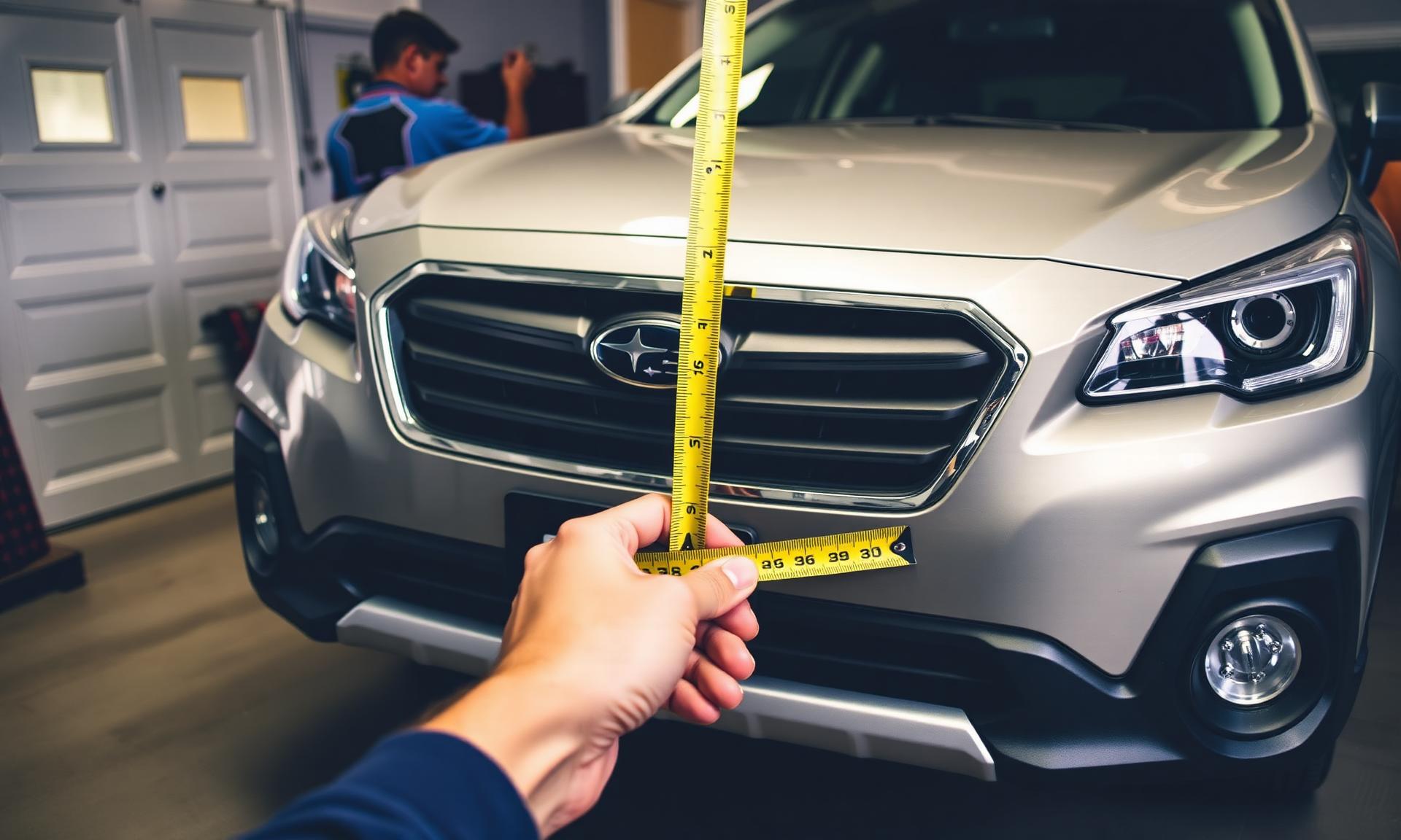A hand holding a tape measure across the front of a Subaru parked inside a home garage