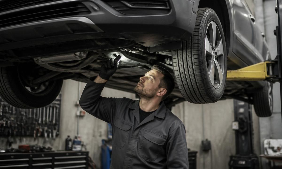 A mechanic inspecting the underside of a car on a lift in a repair shop