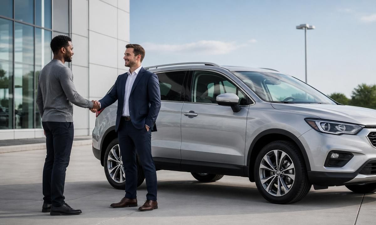 Two people shaking hands in front of a silver SUV outside a car dealership