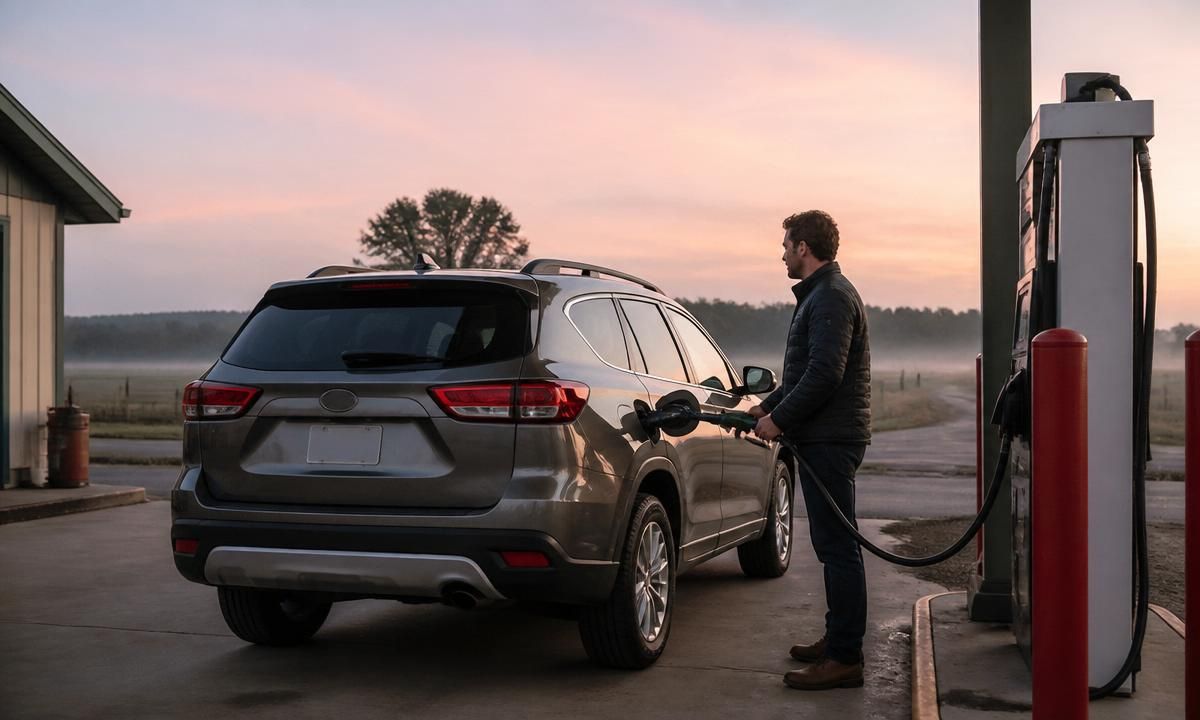 A man refueling a mid-size SUV at a gas station at sunrise in a rural setting
